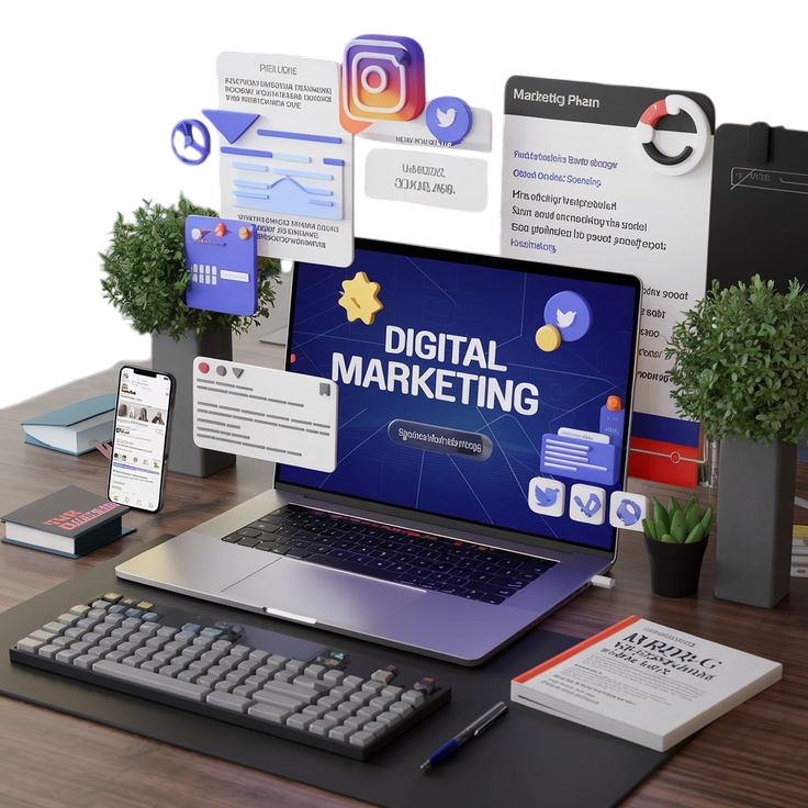 A modern workspace with a laptop displaying the words 'Digital Marketing', surrounded by floating 3D icons and interface elements representing social media, analytics, and content marketing strategies.