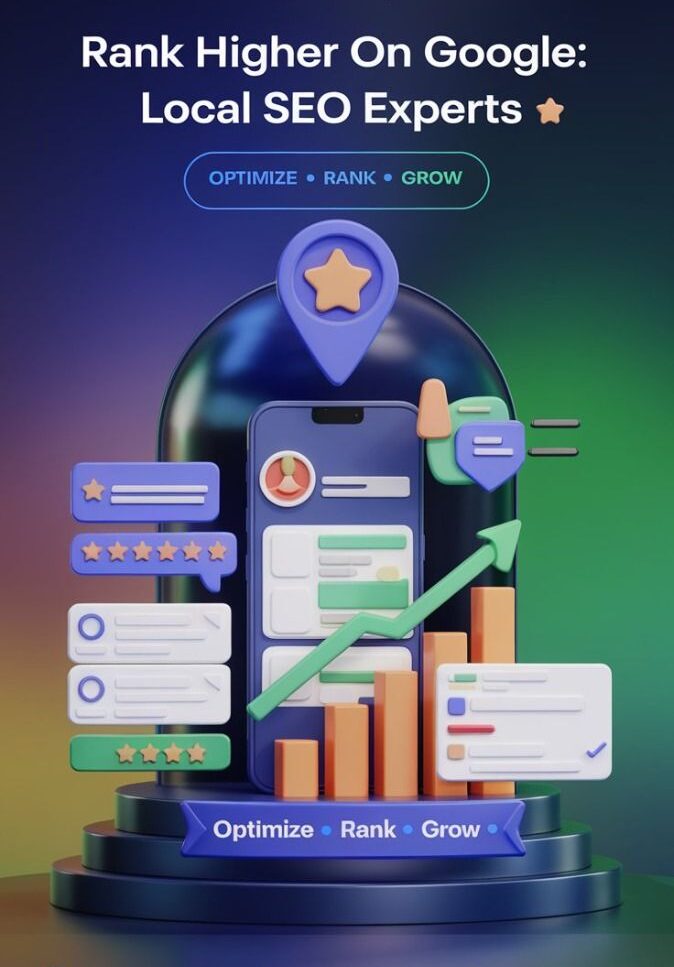 3D illustration promoting local SEO services, featuring a smartphone interface with ranking charts, star reviews, and a location pin icon to symbolize Google search optimization.